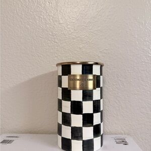 MacKenzie-Childs Black and White Checkered Utensil Holder with Gold Trim